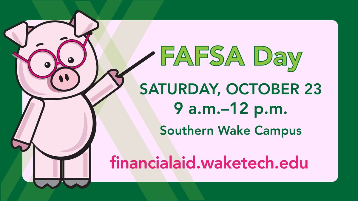 wtccstudents's tweet photo. Saturday, October 23 is FAFSA Day! Join @WakeTechFinAid on Southern Wake Campus at this drive-in event to get assistance completing your #FAFSA.
Register here ➡️ https://t.co/iJGTOMTQWo
#WakeTech #FAFSADay @CFNC @WCPSS @WakeGOV https://t.co/9uaS0GpgMM