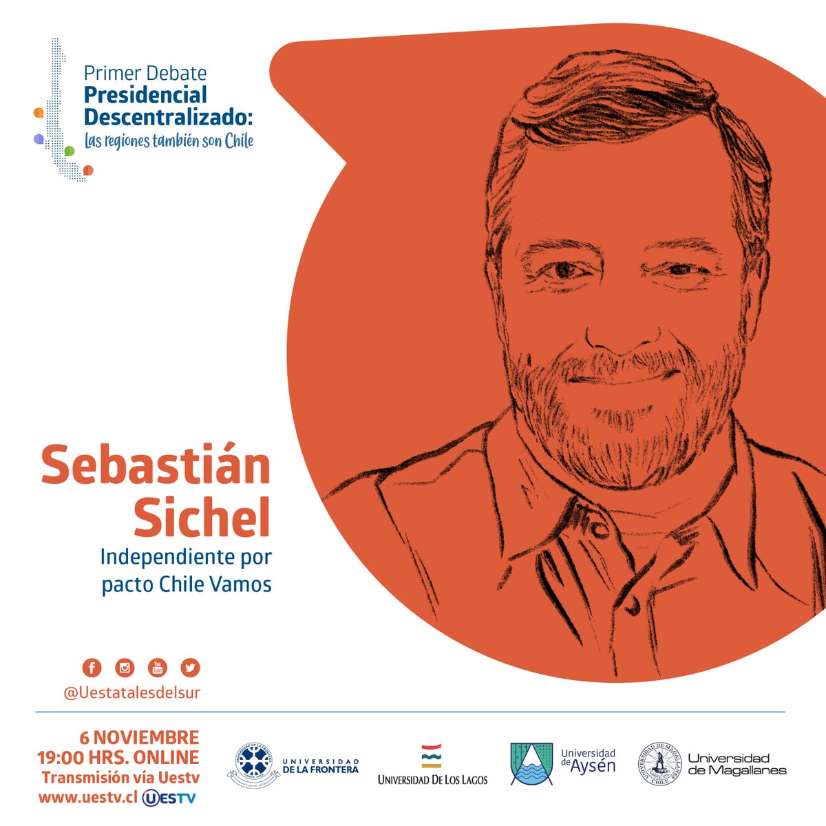 🙌🏻 ¡Descentralicemos el debate! Porque las regiones también somos Chile
Candidato confirmado: 
<a href="/sebastiansichel/">Sebastián Sichel</a> 
 
6 de noviembre a las 19:00 horas por los distintos canales de UESTV 
#uestatales #debatedelsur #Chile #Elecciones2021