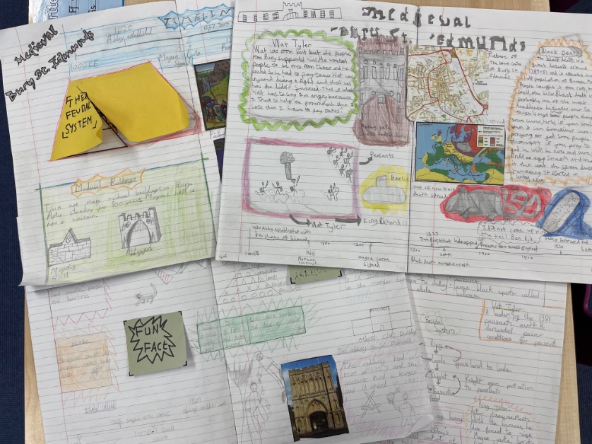 SManor_Y56's tweet photo. A small selection of our first attempt at double-page spreads, showing off our knowledge of Medieval Bury! https://t.co/qP41NnvPvq