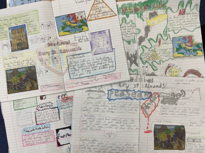 SManor_Y56's tweet photo. A small selection of our first attempt at double-page spreads, showing off our knowledge of Medieval Bury! https://t.co/qP41NnvPvq