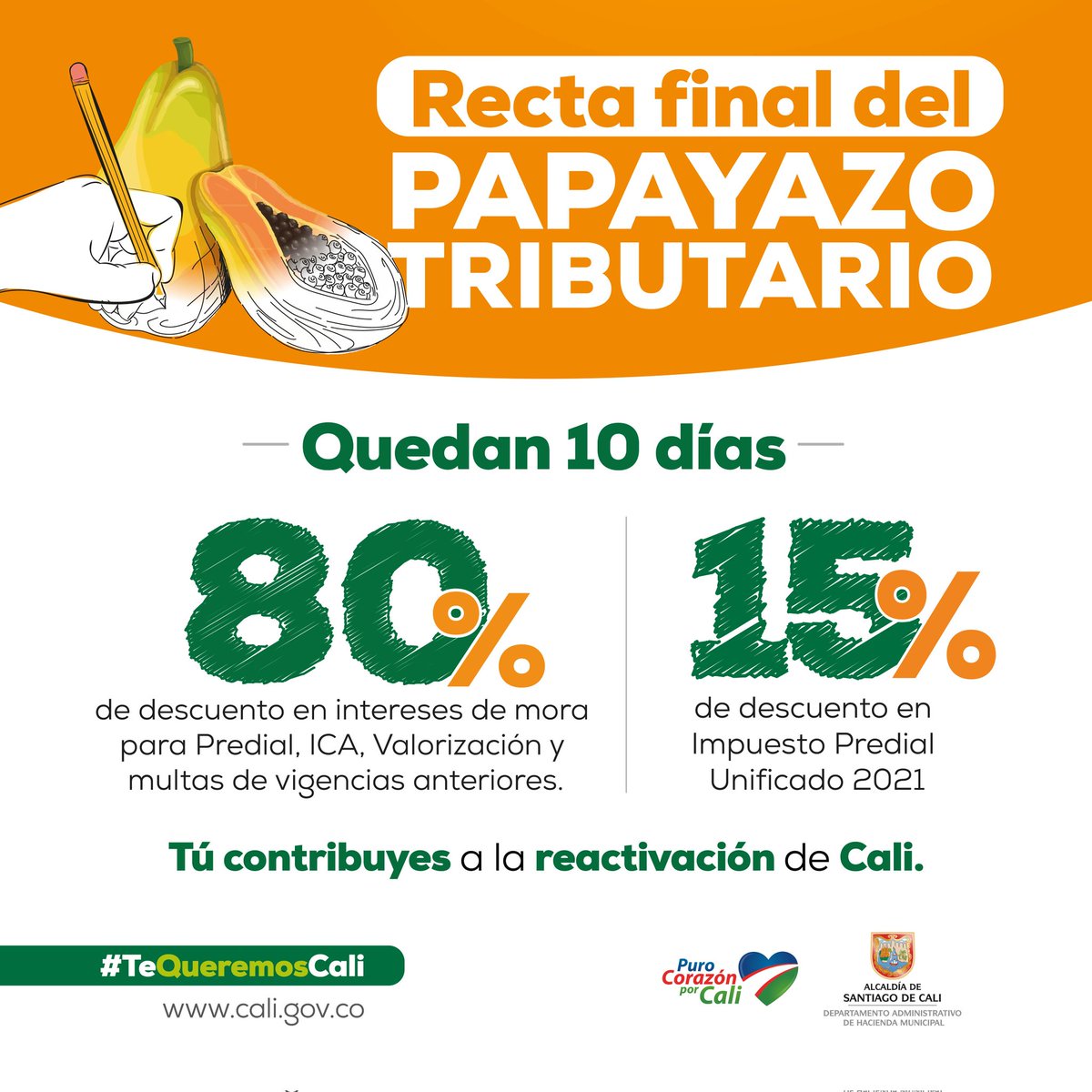 HaciendaCali's tweet photo. Aprovecha nuestros descuentos y sé parte de la comunidad que le apuesta a su ciudad:

✅15% en el Predial 2021.

✅80% en los impuestos Predial e Industria y Comercio, además de la Contribución por Valorización, las multas de Tránsito y del Código de Policía.

#TeQueremosCali https://t.co/LCe083NZDJ