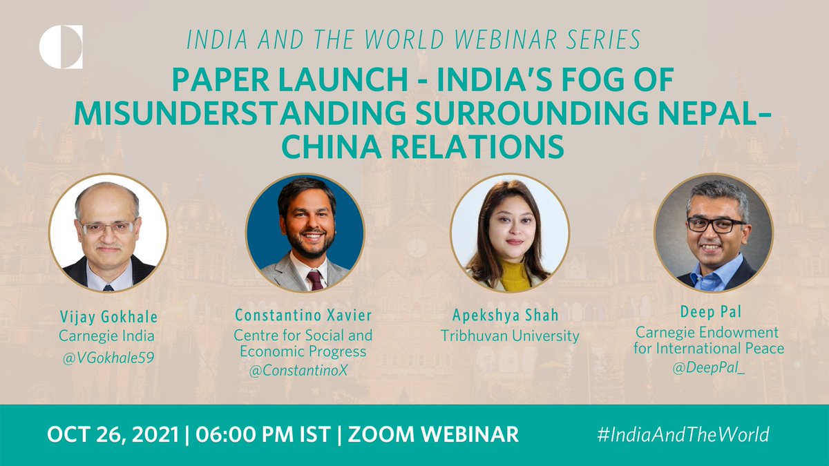CarnegieIndia's tweet photo. Event | Paper launch - India’s Fog of Misunderstanding Surrounding Nepal–China Relations
🗓️: Oct 26
⏰: 6:00 PM
Join @ConstantinoX, Apekshya Shah, & @DeepPal_ for an #IndiaAndTheWorld webinar on @VGokhale59's new paper on 🇮🇳 -🇳🇵-🇨🇳 relations
https://t.co/LgwhVerYdm https://t.co/nT0mUxVn2U