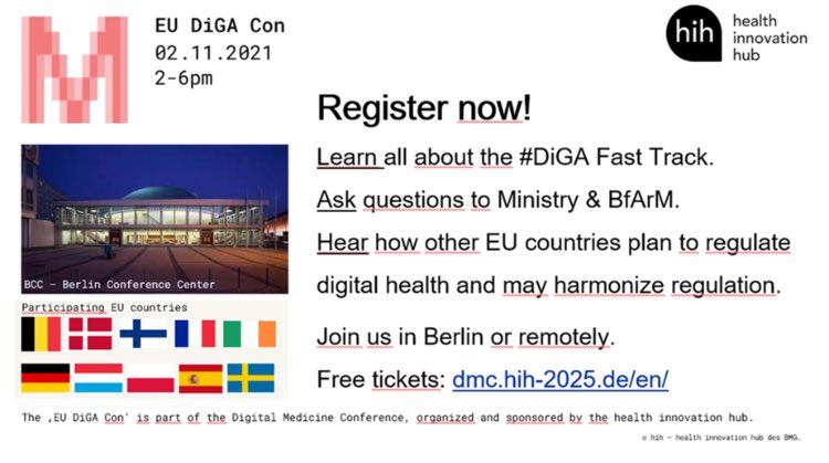 hih2025's tweet photo. ‚EU DiGA Con’: join us on Nov 2nd in Berlin/remote to learn from @bfarm_de & @BMG_Bund about #DiGA #FastTrack, hear pitches from 5 EU countries how they regulate #digitalhealth & the panel discussion of 10 EU countries on harmonizing regulation across EU https://t.co/uJsan9eIBt https://t.co/UpOBykJ2NS
