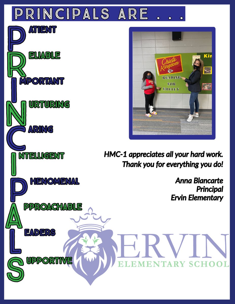 Throughout the month of October, it is our honor to recognize our amazing, hard-working, dedicated principals for #NationalPrincipalsMonth.

Today we recognize Anna Blancarte, Principal at Ervin Elementary #HMC1Together #HMC1Proud <a href="/ErvinHMC1/">ErvinHMC1</a> <a href="/AnnaBlancarte11/">Anna Blancarte</a>