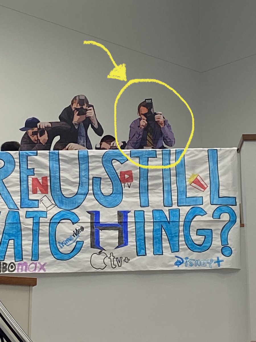 clingank's tweet photo. Every time I look at our cardboard paparazzi @Hebron_HS , I think this fella in the purple shirt and tie is @MrCasalini https://t.co/IKVS5WWrpG