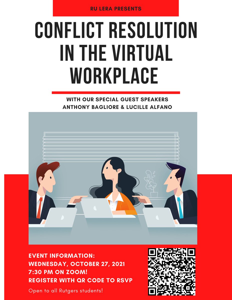 Join us on Zoom this upcoming Wednesday, October 27th at 7:30 p.m. Our knowledgeable guest speakers Anthony Bagliore and Lucille Alfano will be sharing their experience and how they typically resolve conflicts in a virtual workplace. Don't miss it!

RSVP: eventbrite.com/e/conflict-res…