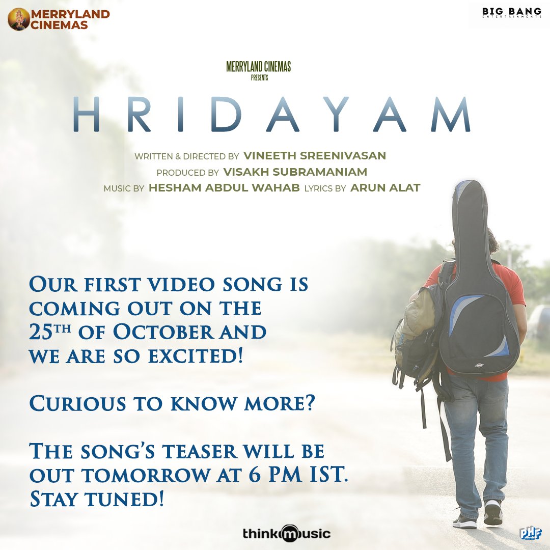 .@HridayamTheFilm song teaser will be out tomorrow at 6pm IST 😊 #Hridayam
