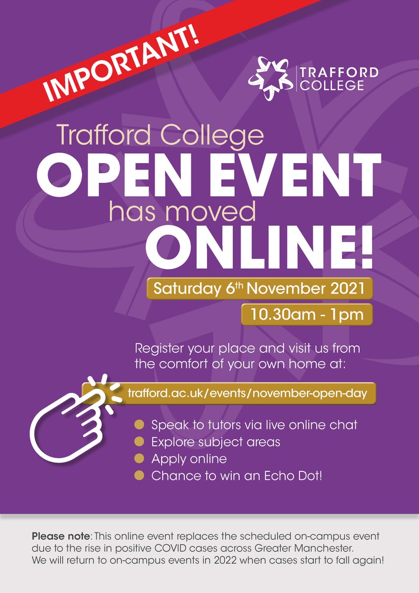 Trafford college has a virtual open event on Saturday 6th November 2021 - See below for details! #traffordcollege #openevening #virtualevent