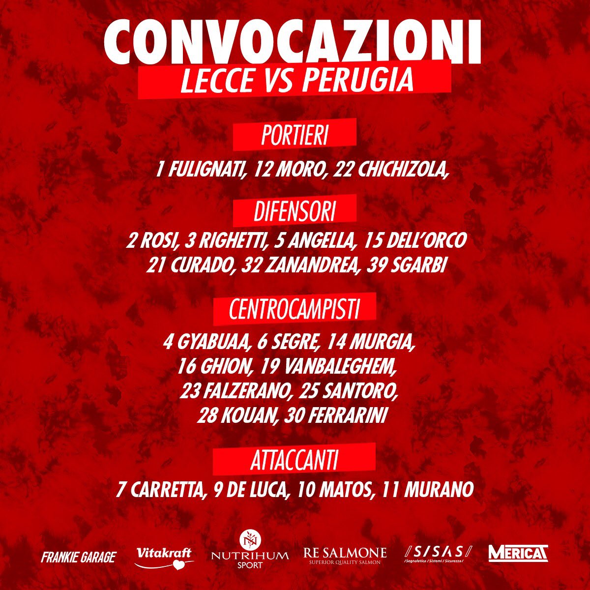 ACPerugiaCalcio's tweet photo. ๐| 2๏ธโฃ3๏ธโฃ convocati per #LeccePerugia
#forzagrifoโช๏ธ๐ด @Lega_B #LECPER https://t.co/jG8qAjzjYb