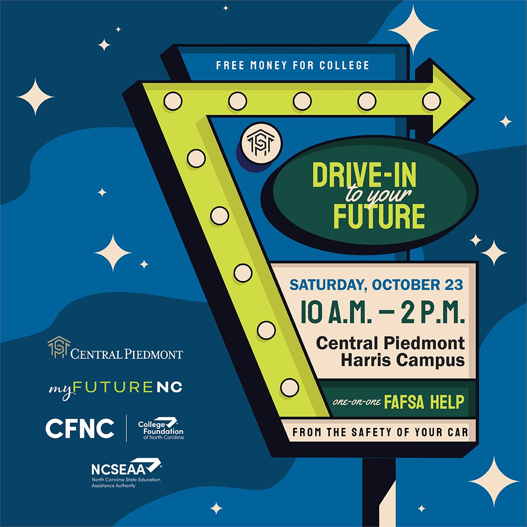 cpcc's tweet photo. Are you a high school senior or current college student working on your FAFSA?
Join us tomorrow at Harris Campus for the Drive-In #FAFSADay event!
The #FAFSA is the first step to FREE MONEY for college, so it's crucial to earning a #DebtFreeDegree.
https://t.co/aMl1ayOowN https://t.co/j0pUhyk4UK