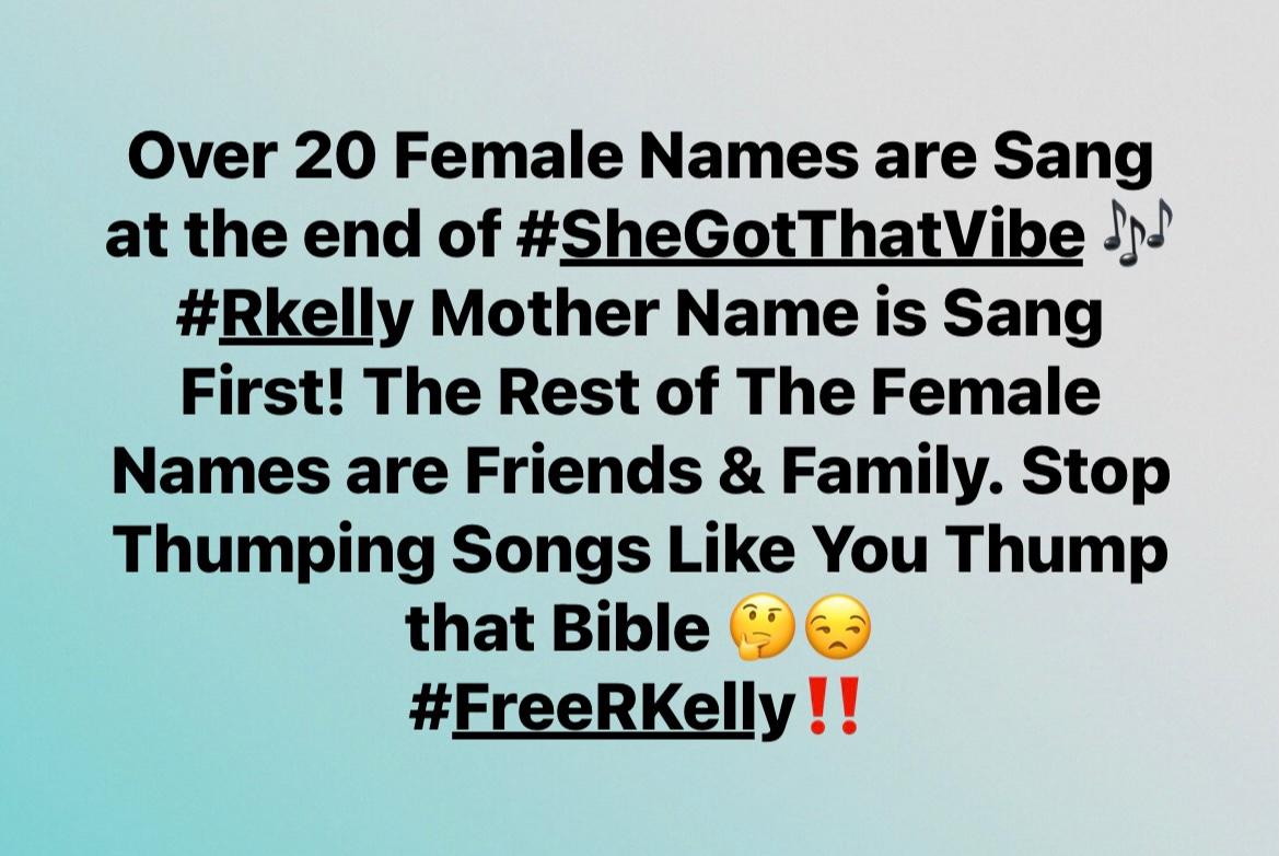 RKellyFanPage1's tweet photo. People mad #RKelly mentions #AAliyah in his song #ShesGotThatVibe 🤷‍♀️🤷‍♂️ 
Ok, he says over 20 Female names at the end of that song including his own mother! The end of the song was meant to be fun. Those names consisted of his friends and family members 😒
#FreeRKelly
#SickOfYall https://t.co/6CBJEprFYQ