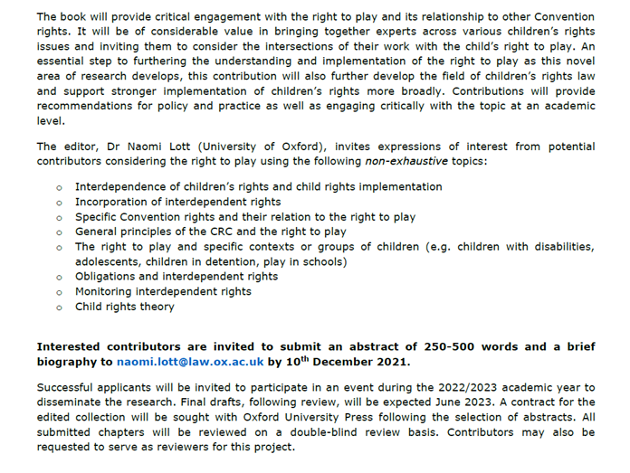 naomiruthnr's tweet photo. Thrilled to share this Call for Chapter Contributions:
"The Interdependence of the Convention on the Rights of the Child: Understanding the Relationship of the Right to Play with other Convention Rights". 
Please do get in touch with any Qs, and of course abstracts! #UNCRC #Play https://t.co/0TXJ7WyJDi