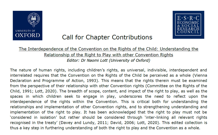 naomiruthnr's tweet photo. Thrilled to share this Call for Chapter Contributions:
"The Interdependence of the Convention on the Rights of the Child: Understanding the Relationship of the Right to Play with other Convention Rights". 
Please do get in touch with any Qs, and of course abstracts! #UNCRC #Play https://t.co/0TXJ7WyJDi