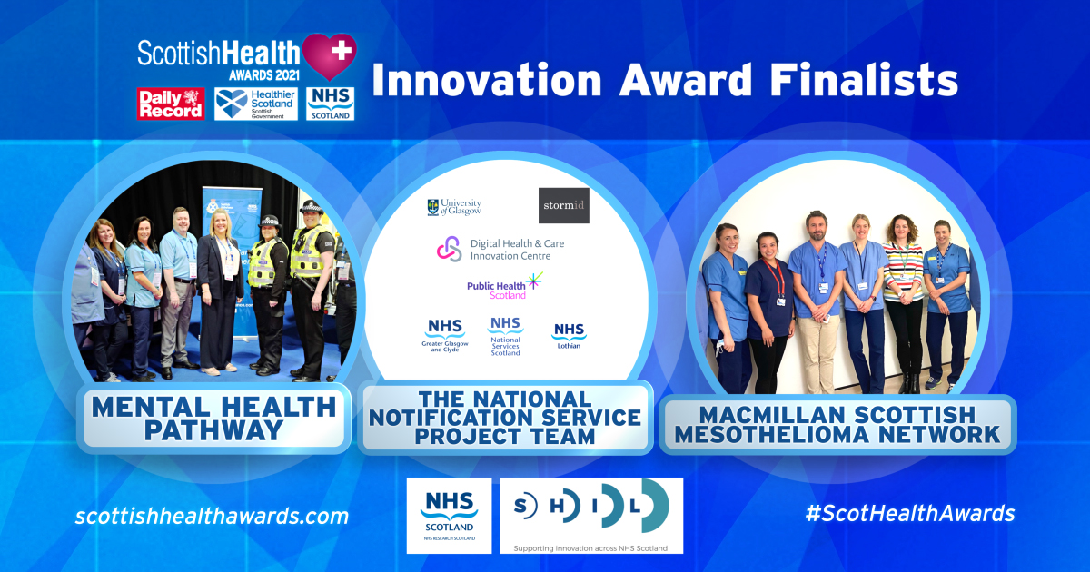 The three finalists in the Innovation Award category have been recognised for their forward-thinking, innovative approach to improve quality, delivery, safety or productivity within health and social care in Scotland. #ScotHealthAwards - see thread