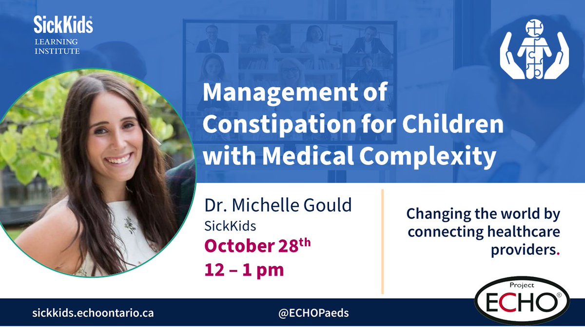Paediatric Project ECHO (@echopaeds) on Twitter photo #HCPs, join the #ComplexCare #ECHO community next week for a talk by Dr. Michelle Gould (<a href="/MichelleGouldMD/">Michelle Gould M.D.</a>) on "Management of Constipation for Children with Medical Complexity" - followed by a case discussion.
October 28 | 12 - 1 pm ET
Register here: echo.zoom.us/meeting/regist… #HCPs, join the #ComplexCare #ECHO community next week for a talk by Dr. Michelle Gould (<a href="/MichelleGouldMD/">Michelle Gould M.D.</a>) on "Management of Constipation for Children with Medical Complexity" - followed by a case discussion.
October 28 | 12 - 1 pm ET
Register here: echo.zoom.us/meeting/regist…