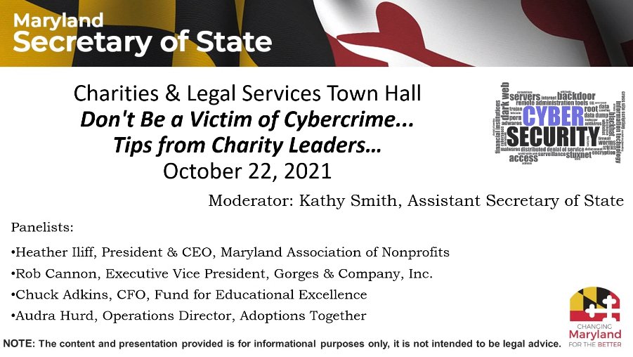 CherylKagan's tweet image. .@SOSMaryland is hosting a mtg on #cybersecurity for #nonprofits. @mdnonprofits is a thoughtful convener on cutting-edge issues like this. Small biz &amp;amp; nonprofits need to be sure that new employees are trained to be vigilant about scams! #DualFactorAuthentication