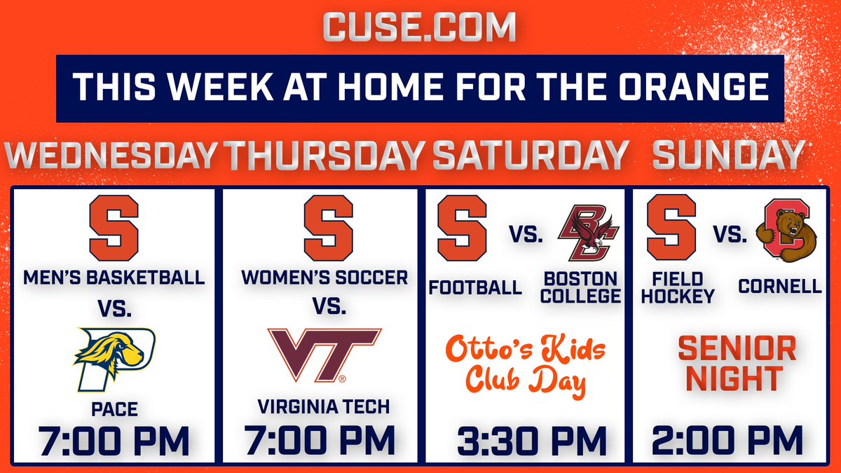 Big things for your Syracuse Athletics teams this week! Men's Basketball has their first exhibition of the season, Women's Soccer and Field Hockey have their home finales, and Football takes on Boston College! https://t.co/F1zh14aQb3