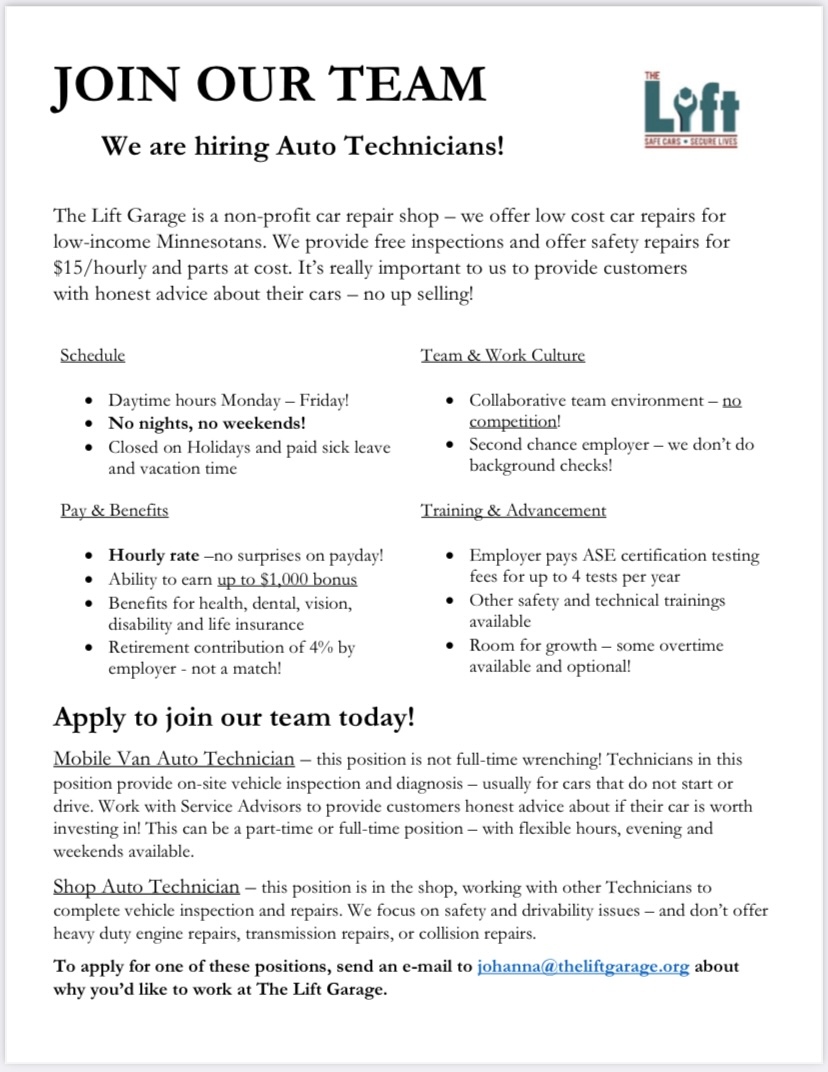 TheLiftGarage's tweet photo. We are expanding our team and hiring Technicians! Send us a message to start your application. #theliftgarage #safecars #securelives #minneapolis #mnjobs https://t.co/iz5wjAk7Ge
