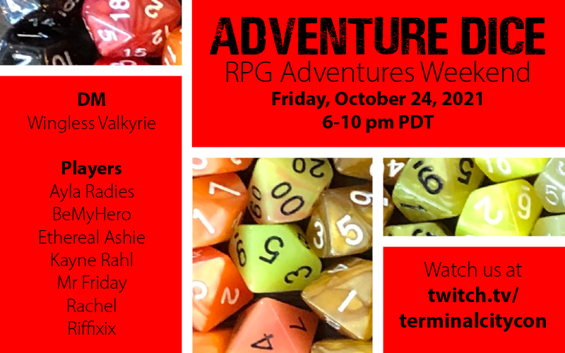 Join us live at 6pm PDT tonight for some D&amp;D! Watch at twitch.tv/terminalcitycon

With DM WinglessValkryie and players <a href="/a_radies/">Ayla</a>, BeMyHero, <a href="/etherealashie/">🌻 Ghost Bard 🌻</a>, Kayne Rahl, Mr Friday, Rachel from <a href="/roarcatreads/">Roar Cat Reads</a>, and Riffixix. 

#awSHUX