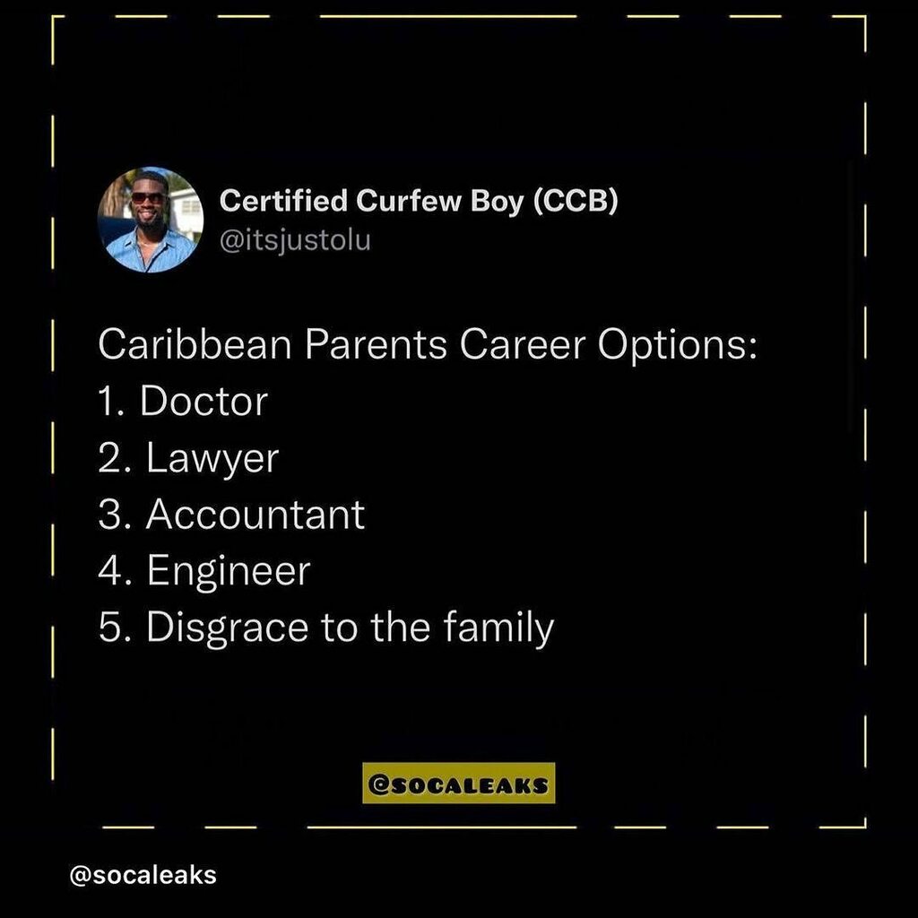andizdat's tweet photo. Number 5 for me!

Posted @withregram • @knowyourcaribbean Thoughts ? Does the Caribbean still carry this elitism in career choices? 

How many times have your Aunty/Uncle given you a blank stare when you tell them your profession that not on this lis… https://t.co/DkbnYTYClM https://t.co/AfglDvW2Zs