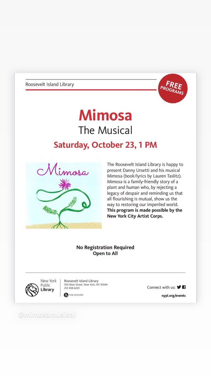 DannyUrsetti's tweet photo. Oct 23rd, 1pm, FREE concert performance of @MimosaMusical at @LibRoosevelt @nypl @ltaslitz thanks to #Cityartistcorpsgrants https://t.co/PBxXeVav1z