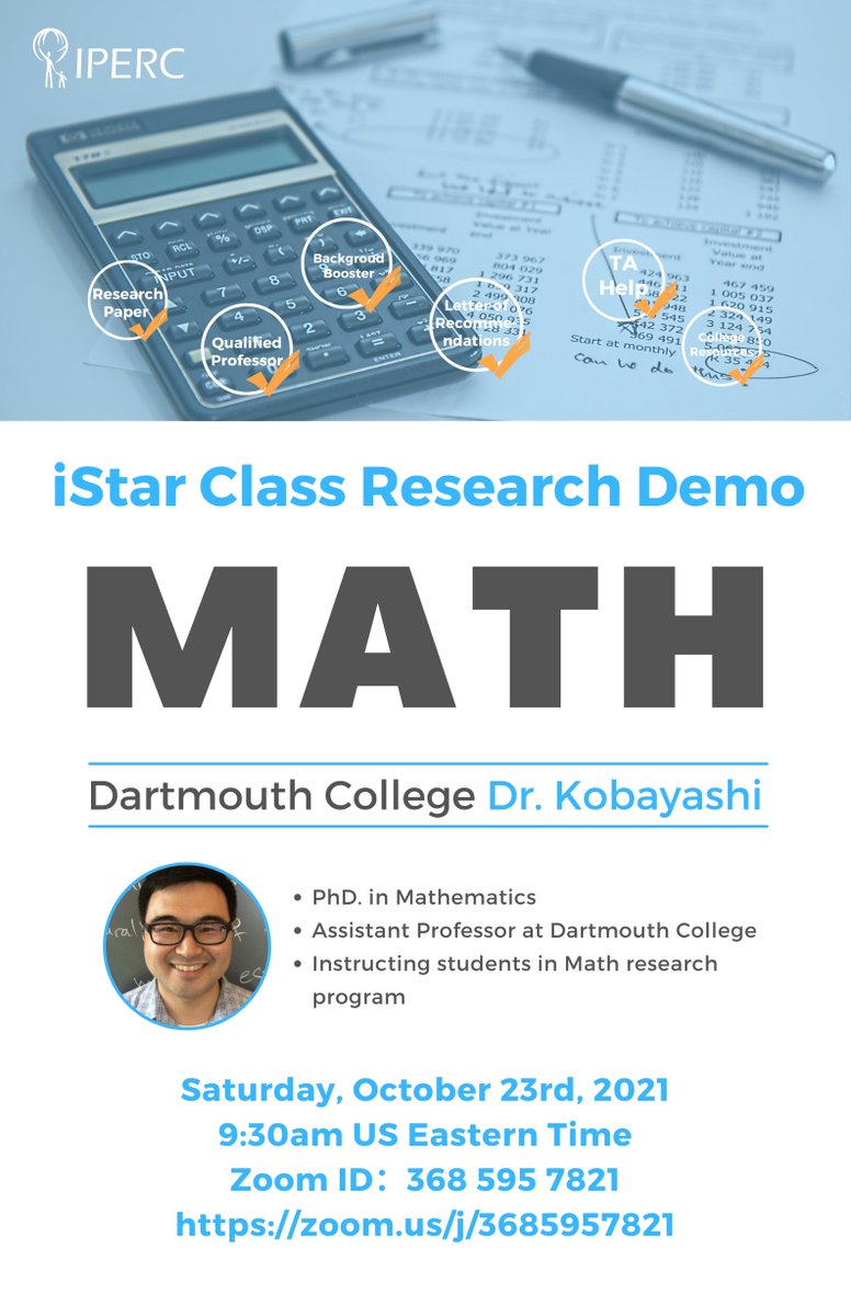 IPERC4's tweet image. Don't forget about our upcoming Demo session, TOMORROW, Saturday October 23rd! 

💡Research Field: Mathematics

🎓Instructor: Dr. Kobayashi

📅Date: October 23, 2021

⏰Time: 9:30am EDT

📌Zoom Meeting ID: 368 595 7821

lnkd.in/dxuRKWz7

#research #mathematics #istar