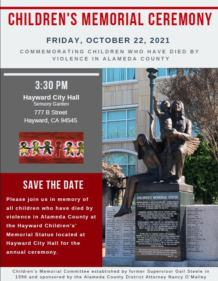 saralamnin's tweet photo. Children's Memorial ceremony will be held today 3:30p BART side of City Hall. All are welcome to remember our children lost to violence. Thank you to the Children's Memorial Committee for this effort each year and to #NancyOMalley and her Staff for leading the work this year. https://t.co/gqbzvjbquR