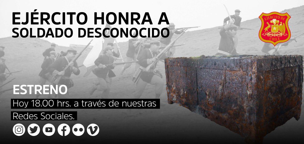 Hoy a las 18:00 horas no te pierdas nuestra cápsula audiovisual “𝗘𝗷𝗲́𝗿𝗰𝗶𝘁𝗼 𝗵𝗼𝗻𝗿𝗮 𝗮 #𝗦𝗼𝗹𝗱𝗮𝗱𝗼𝗗𝗲𝘀𝗰𝗼𝗻𝗼𝗰𝗶𝗱𝗼”. #HéroeChileno