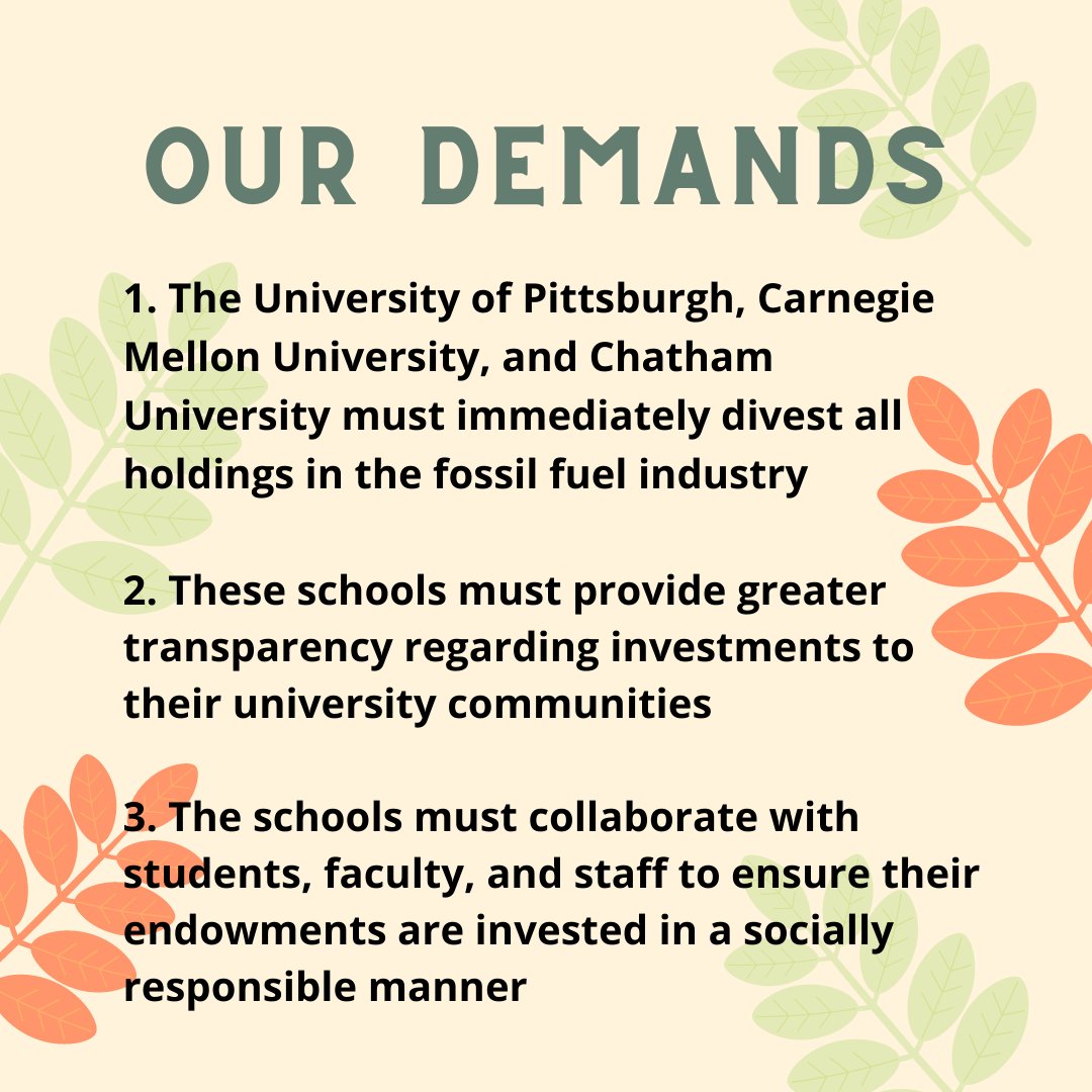 FossilFreePitt's tweet photo. College Climate March - November 13th, 1PM - starting at Fifth Ave & Woodland Rd.
Join as activists and advocates from Pitt, Chatham, and CMU march in solidarity, and to hold our institutions accountable for their environmental injustices.
#divestpitt https://t.co/2vBNrWxMCs
