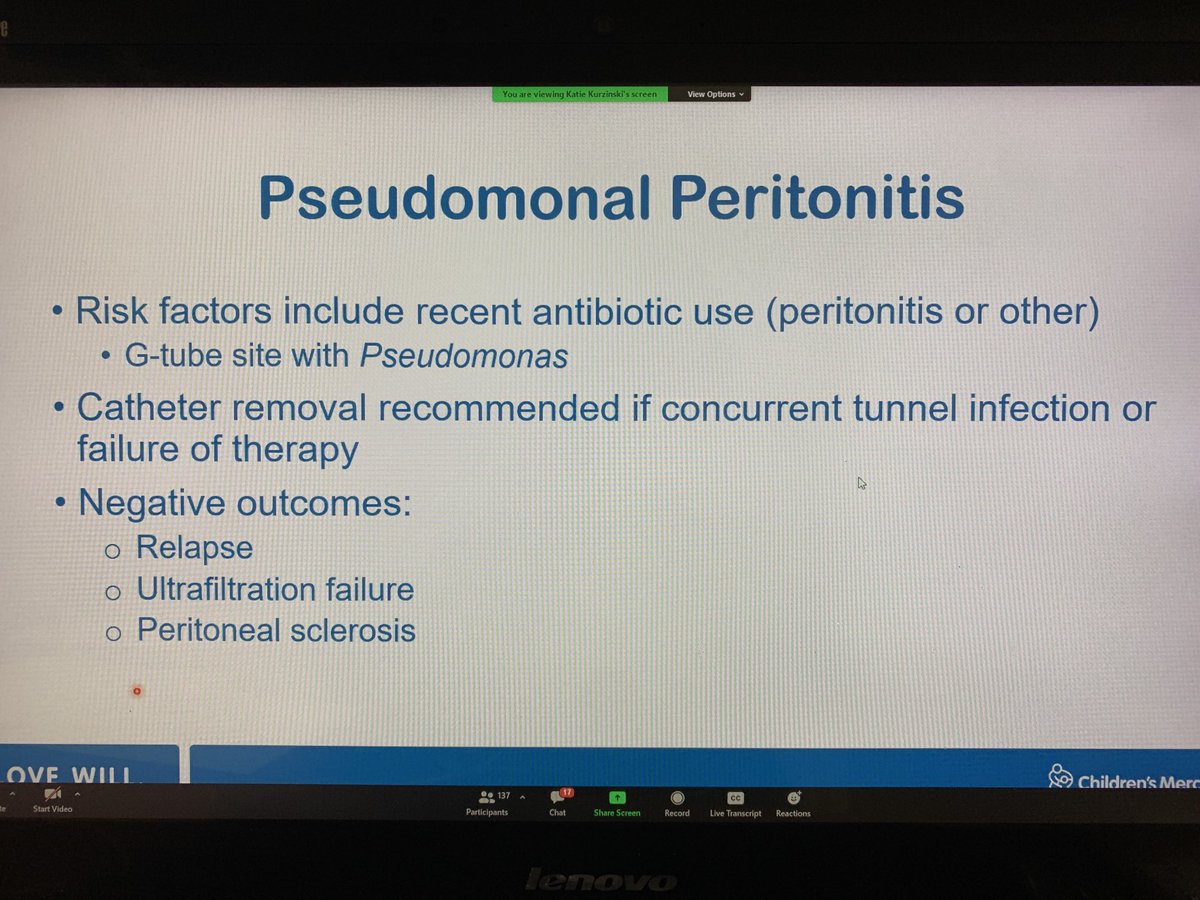 katmallett79's tweet photo. Dr Kurzinski presents an incredible case of pseudomonal peritonitis and pseudocyst with a happy outcome! Also great reminders of risk factors for a serious cause of peritonitis. #SCOPECollaborative @hospitals4kids @funsocdoc @leeneu87 https://t.co/8k9WoanqnP