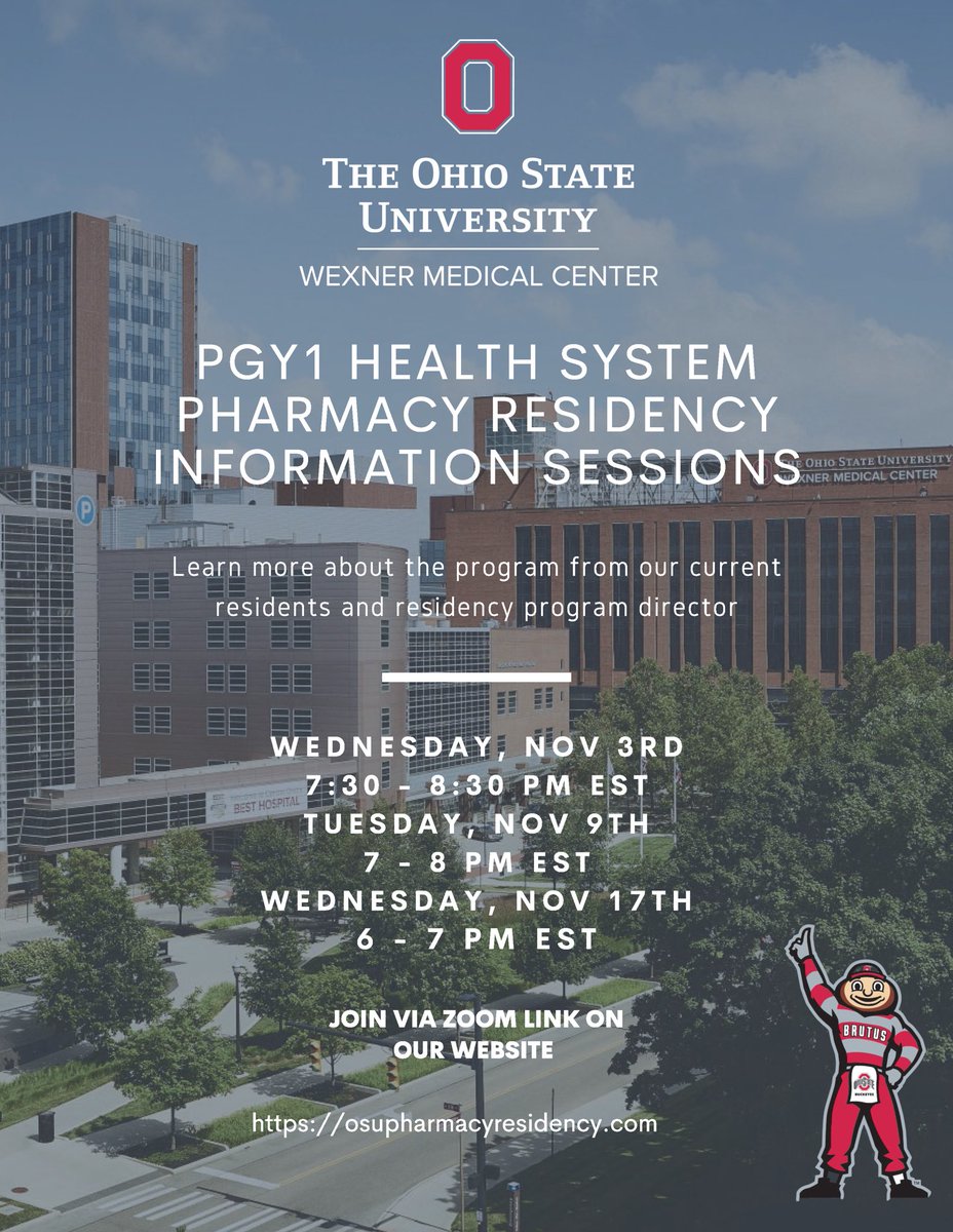 🚨 Attention all PGY1 Pharmacy Residency Candidates 🚨 

The PGY1 Pharmacy Residency Program <a href="/OSUWexMed/">The Ohio State University Wexner Medical Center</a> has scheduled three virtual informational sessions, check out the details👇🏻