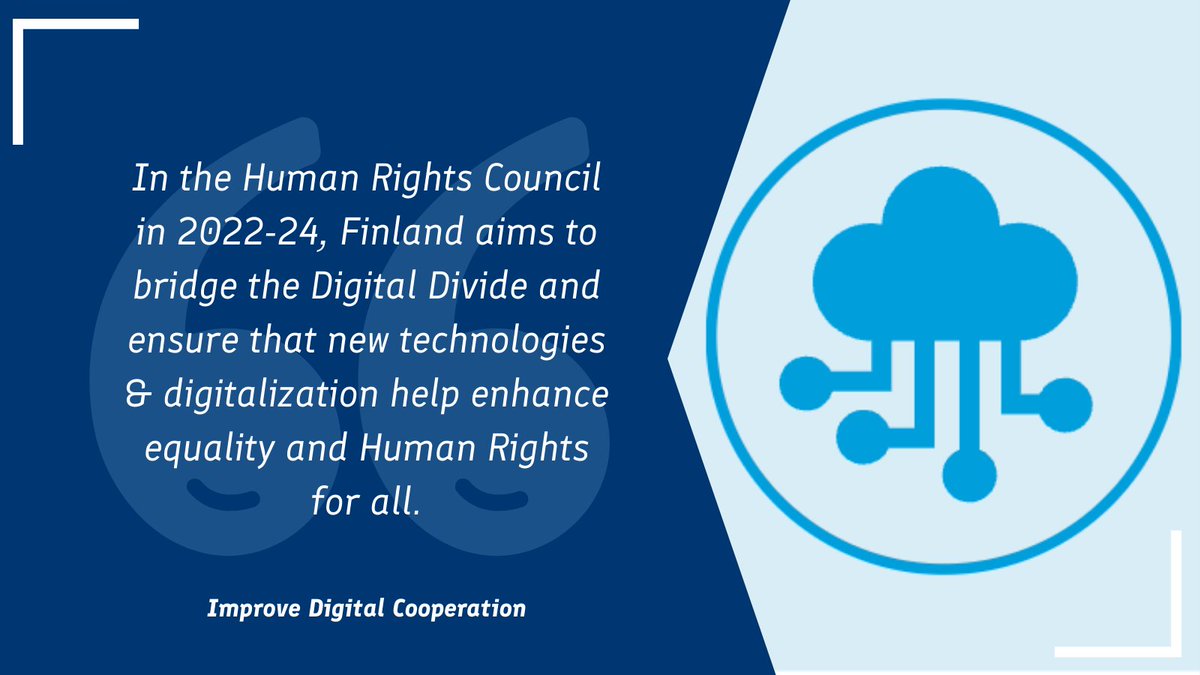 FinlandUN's tweet photo. 7/12
In @UN_HRC in 2022-24, 🇫🇮 aims to bridge the #DigitalDivide and ensure that new technologies & digitalization help enhance equality and #HumanRights for all
Promoting #EqualTech is also a crucial #GenerationEquality priority: https://t.co/KKL5iEZMeN
#UNday #OurCommonAgenda https://t.co/JWOZDyxxsH
