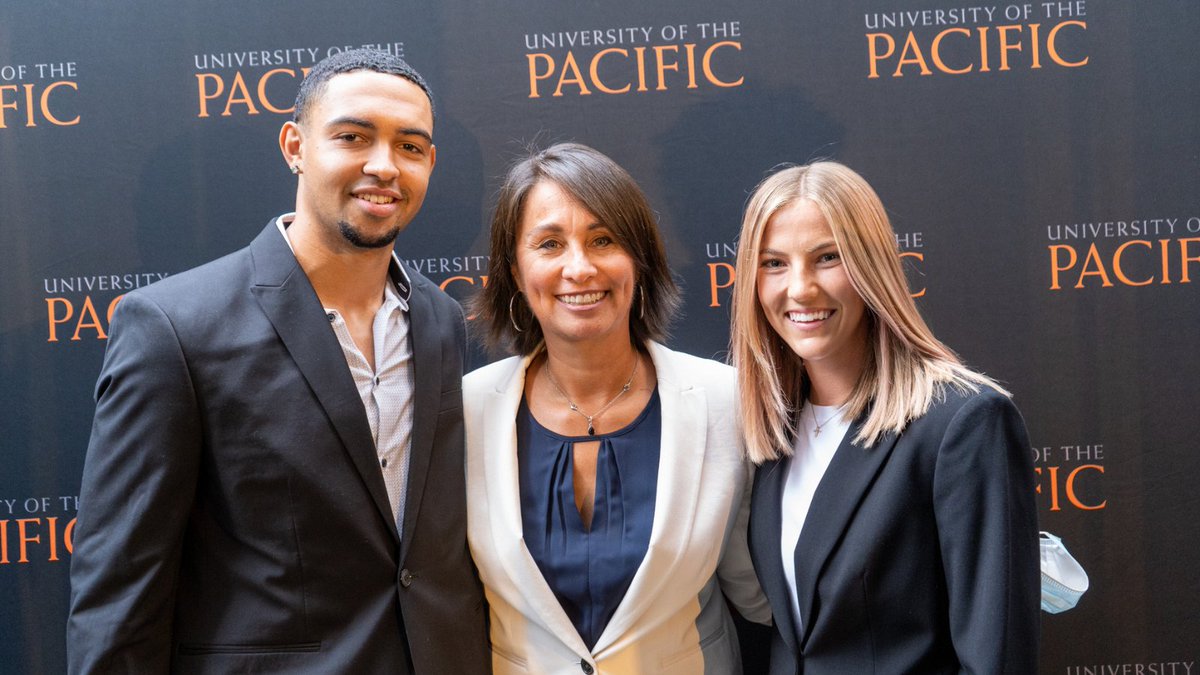 UOPacific's tweet photo. We're still thinking about the thought-provoking discussion student-athletes Elijah Birdsong (@pacificbaseball) and Jenae Packard (@pacificwsoccer) had when they interviewed @GloNevarez, the commissioner of @wccsports, as part of the #InaugurationWeek symposia! #UpRoar https://t.co/kQ2PF53B16