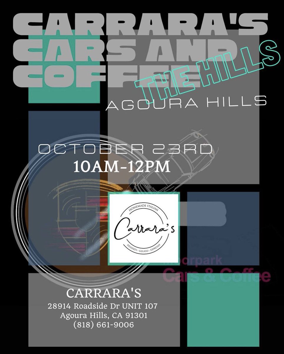 CarraraPastries's tweet photo. Join us TOMORROW Saturday 10/23 from 10am-12pm at Carrara’s in Agoura Hills for @carrarascarsandcoffee! https://t.co/J2uj5vVLmE
