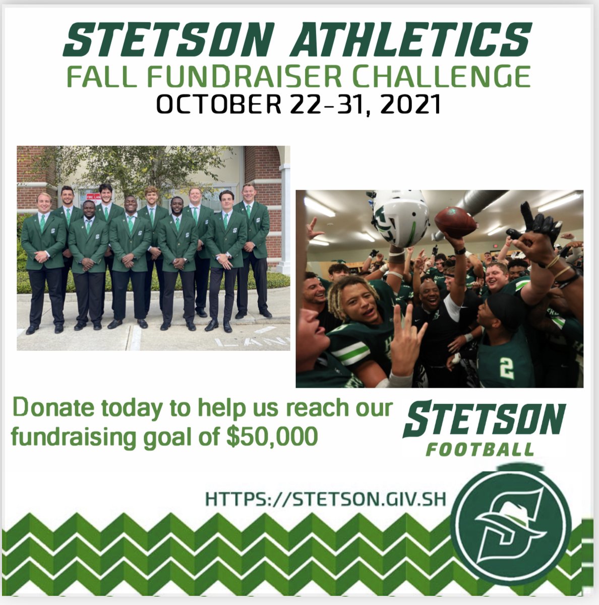 StetsonFootball's tweet image. Stetson Athletics has launched our Athletic Fall Fundraising Challenge! Our goal as a football program is to raise $50,000 by November 1st. We appreciate your continued support for the Stetson Hatters Football Experience! Click below to donate:

stetson.giv.sh/fundraisers/fn…