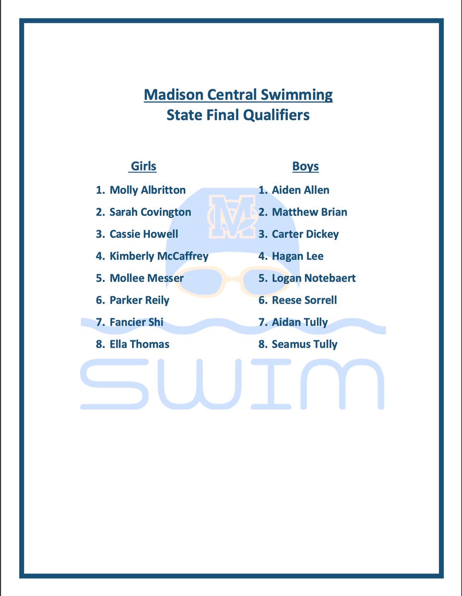 carmody_bridget's tweet photo. It's almost time!! Here are the AquaJag finalists: Warmups at 3:15, Finals at 4:15 @MC_BIGBLUE #LastOneFastOne #DemBricks https://t.co/ceNLQTRC30