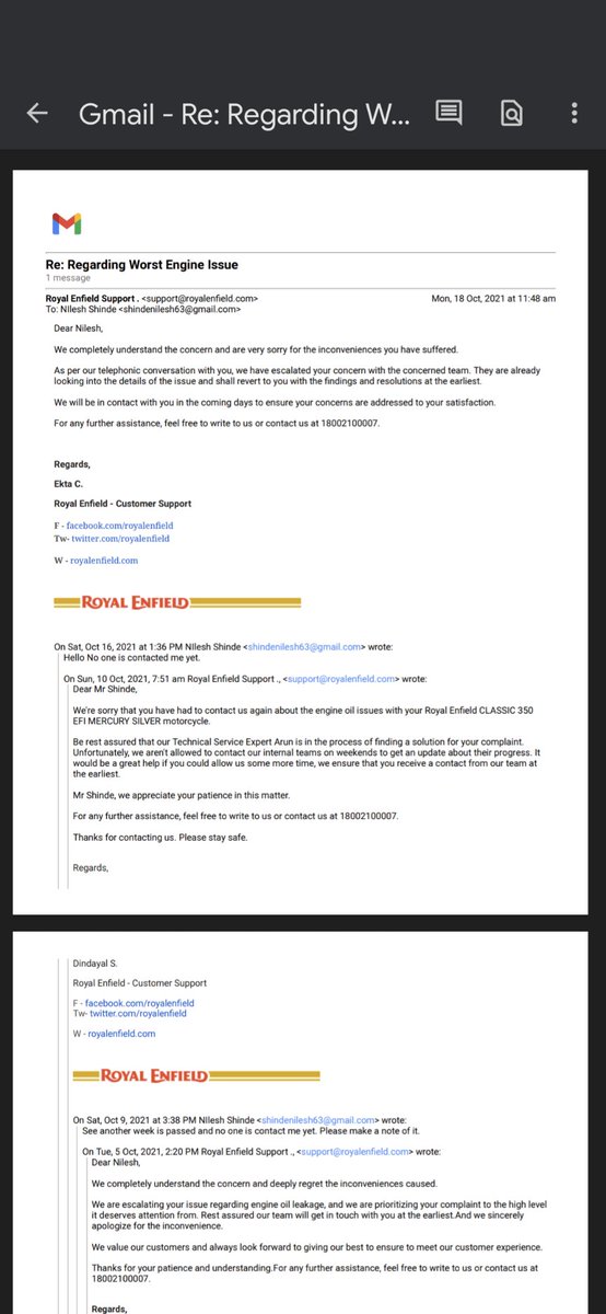 Nileshas99's tweet photo. I started mailing from 17th April 21 but still now your service engineer is not called me for the same issue (I got a call only once from your customer executive). Currently they are just exchanging the emails and nothing is happening. I request you please call me ASAP. https://t.co/QJ3Utw1XoW