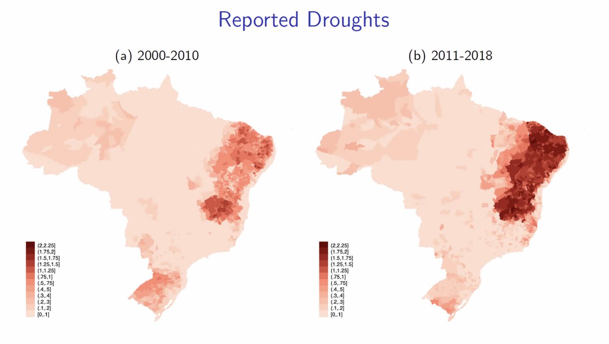 Jacopo Ponticelli's BREAD talk is just chock full of disturbing results on the last 10 years of temperature and drought in Brazil.

The research: how do people / firms adapt  and respond with migration and sectoral change. 🧵