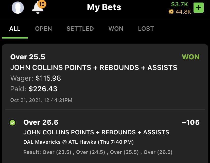 UnrivaledSB's tweet photo. Big John Collins fans last nights! His last 6 games v Mavs his PRA have smashed! We took advantage of that last night! Also went 2-2 on VIP plays with a small profit but that’s 7 straight profitable days! Best part of the year when all major sports are being played! DM for VIP! https://t.co/4Dc6YZs30C