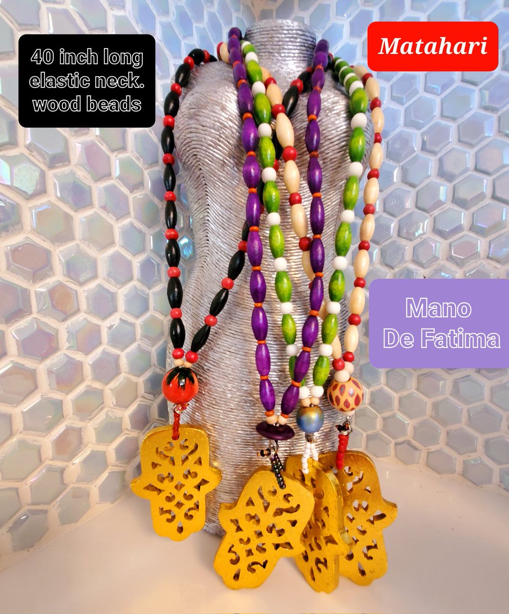TirzhaVVAma's tweet photo. #ManodeFatima elastic neck with wood beads. Only 4 available. Removable #Pendant in #goldleaf. Can be used as #Bracelet w/o pendant. #MatahariJewelry #designerjewelry #fashionjewelry 
The Hand of Fatima is used in #Morocco for #Protection against #evileye. #amulet #dije https://t.co/g5fDteKxny