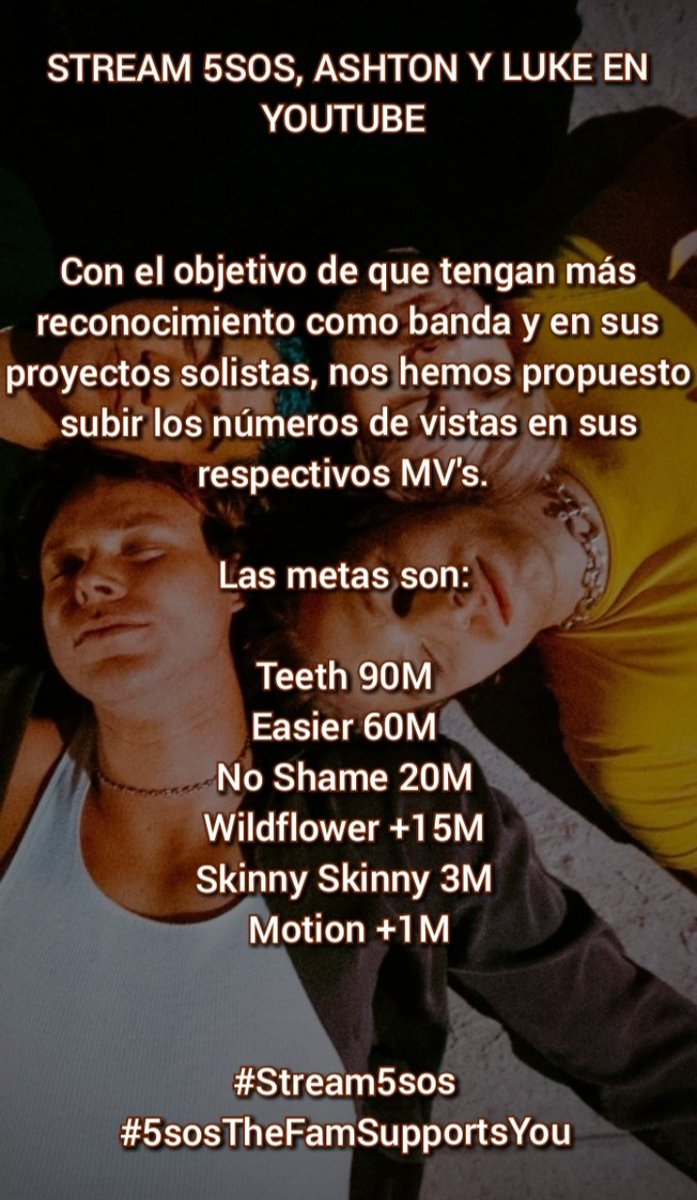 Melany_AshGirl's tweet photo. 💥HOY INICIAMOS EL #Stream5sos EN YOUTUBE LES DEJO LAS METAS Y ALGUNOS TIPS💥
📍Recuerden usar el #5sosTheFamSupportsYou para compartir sus streams y apoyarnos entre todxs
📍Den RT para que pueda llegar a más gente https://t.co/wSm4YbpBYa