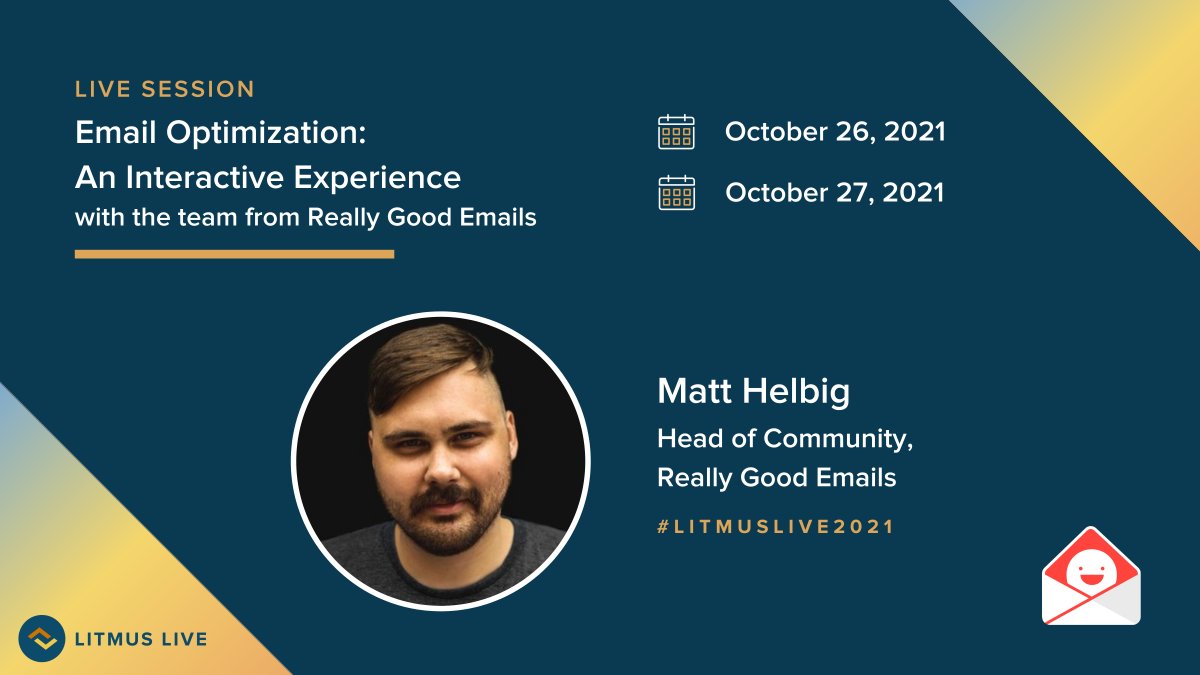 It's happening: We're teaming up with <a href="/reallygoodemail/">Really Good Emails 💌</a> for a special interactive session at #LitmusLive2021!

<a href="/mtthlbg/">Matt Helbig</a>, @jainamistry, and @carinslater are analyzing emails submitted by #EmailGeeks and offering their tips—LIVE 🔴.

Join us next week 👉 lit.ms/live2021