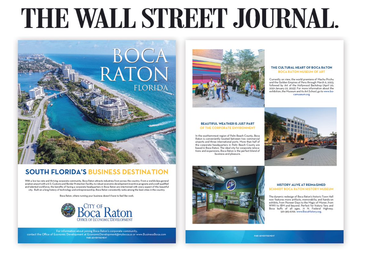 BocaDev's tweet photo. We were lucky to secure our new insert for the @WSJ  the Friday after Thanksgiving!  

#BocaRaton - where #business meets #arts and #culture.  Join us!

#SharingTheGoodWord
#MakeBocaRatonYourSoFloBusinessDestination https://t.co/u2ltsSNL6u