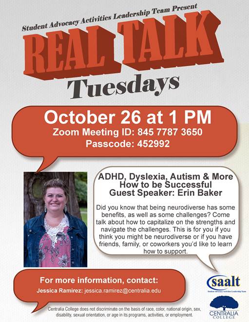 CCBlazers's tweet photo. Join us online for Real Talk Tuesday!
ADHD, Dyslexia, Autism &amp; More – How to be successful!
1 p.m. Tuesday, Oct. 26 via Zoom
Being neurodiverse has benefits and challenges. Learn how to capitalize on the strengths and navigate the challenges. Zoom link: https://t.co/OYrN9xemsR https://t.co/TwAxNKWPMy