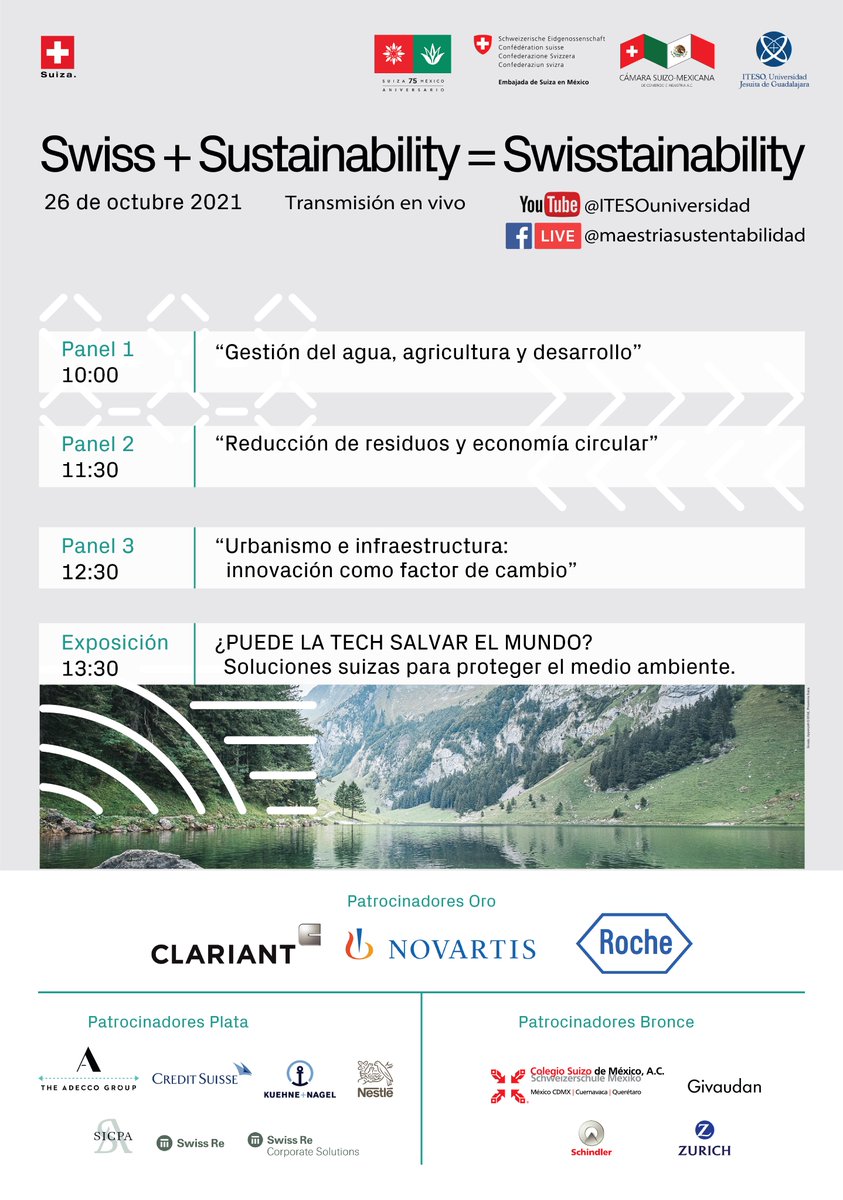 ITESO's tweet photo. #cleantech
¿Qué es la #Swisstainability? Las Maestrías en Sustentabilidad del #ITESO, la @CH_Mexico y la @SwissChamMeico invitan a las charlas en las que abordarán temas como gestión del agua y reducción de residuos. 
📆 26 de octubre
💻 https://t.co/m9i9bGFwiQ https://t.co/QDkE0BDhnV