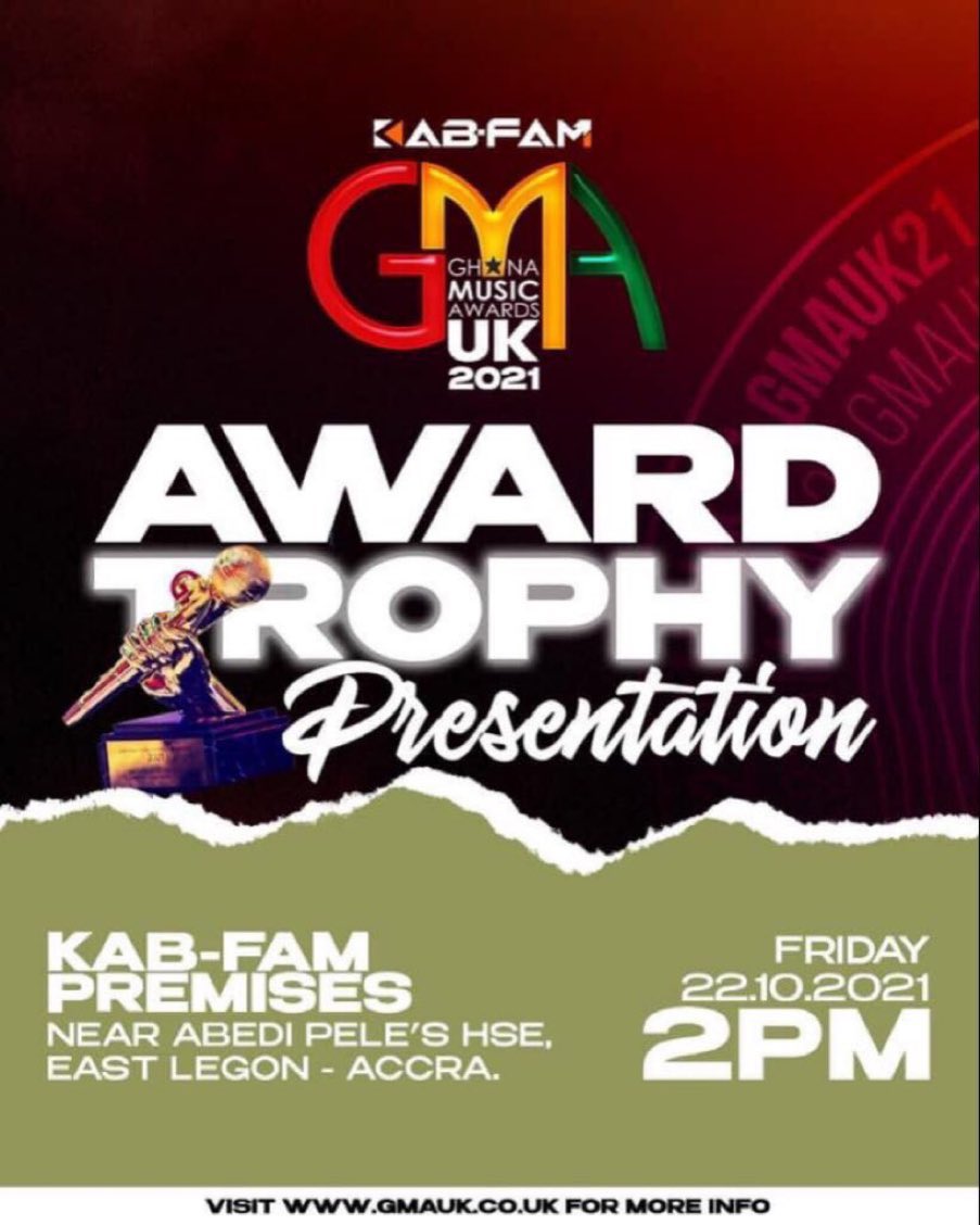 Hi Folks👋🏻
Pls The Official Award Presentation to the Ghana-Based Winners will take place this Friday 22nd October, 2021, at the KAB-FAM Premises, @kabfamgh 
Near Abedi Pele’s House, East Legon
2PM Sharp.
@AlordiaP
#SUPER!🔥
#kgmauk21 #inspiredbymusic #gmaukxtra