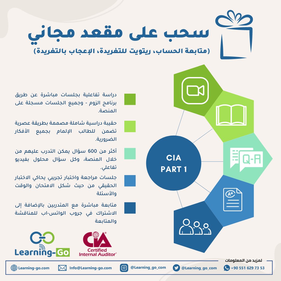Learning_Go_Com's tweet photo. #سحب_مقعد_مجاني من كورس #CIA_Part1
شروط السحب: متابعة الحساب، ريتويت للتغريدة، إعجاب بالتغريدة).
السحب بتاريخ: 30 أكتوبر.
لتفاصيل أكثر عن الكورس وعن النسخة التجريبية المجانية يمكن التواصل على رابط الواتساب التالي:
https://t.co/bhTnVYNczr
- لا تنسى السؤال عن "وعد ليرنينغ-غو"😎😉 https://t.co/aQUzlhLzpr