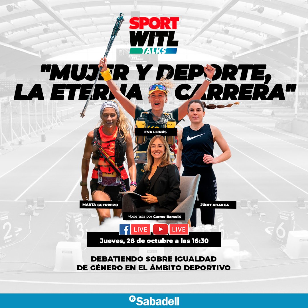 #SportWITLTalks 🗣️ 

🟣 Mujer y deporte, la eterna carrera. Debatiendo sobre igualdad de género en el deporte 

🎙️ Charla moderada por 
<a href="/CarmeBarcelo/">Carme Barceló</a>

📆 Mañana, a las 16.30h, en Facebook y YouTube Live 

📲 <a href="/whereisthelimit/">whereisthelimit</a> <a href="/BancoSabadell/">Banco Sabadell</a>

▶️ bit.ly/3AGW9hs