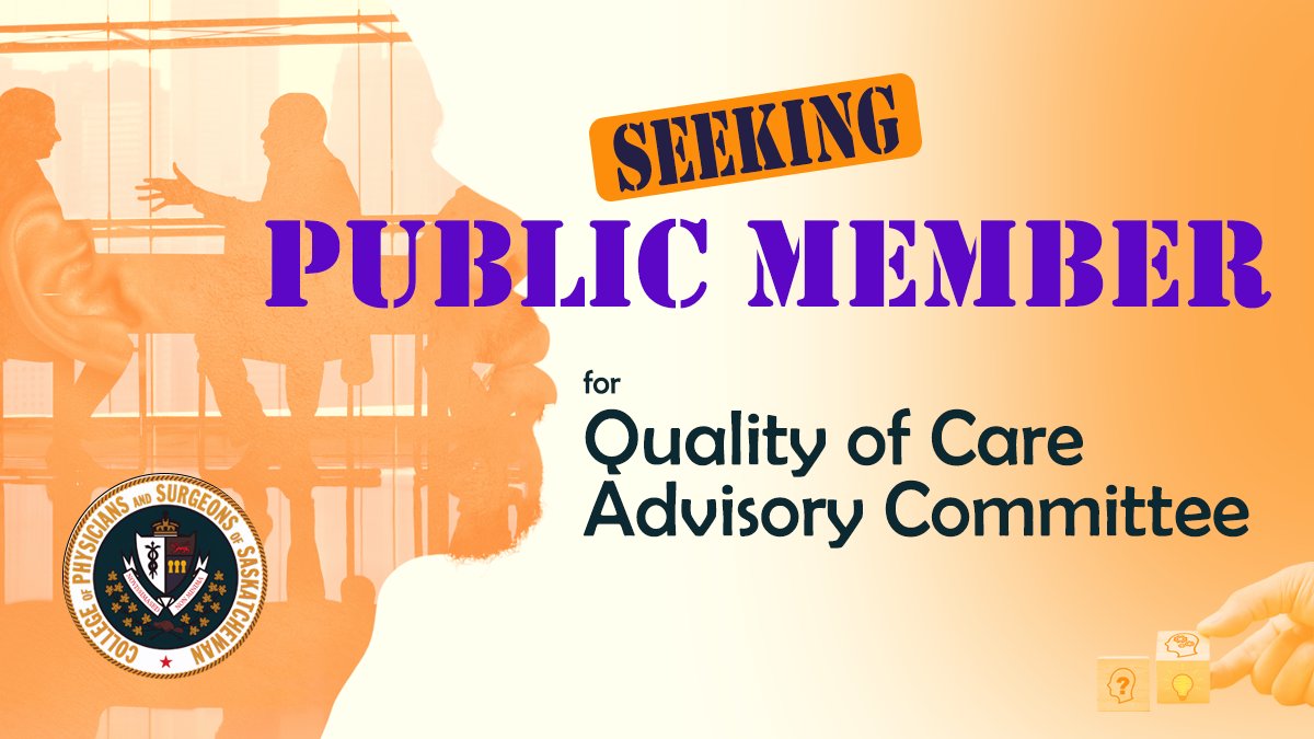 CPSS_News's tweet image. APPOINTMENT OPPORTUNITY:
CPSS seeking Public Member for Quality of Care Advisory Committee which reviews complaints cases against physicians &amp;amp; make recommendations for better patient care.  HC training/experience not req’d. Apply by Nov 19.  
tiny.cc/3jkkuz
#saskatchewan