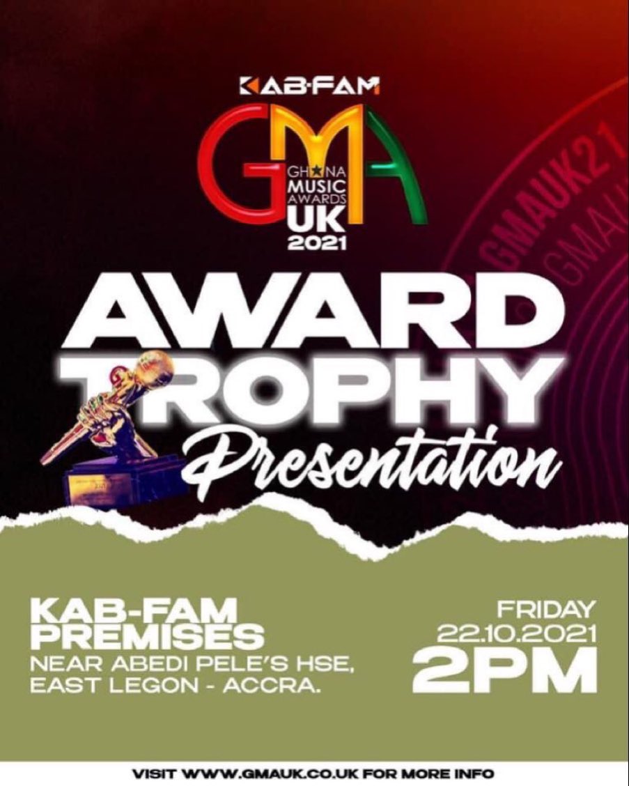 Hi My People👋🏻
Pls The Official Award Presentation to the Ghana-Based Winners will take place this Friday 22nd October, 2021, at the KAB-FAM Premises, @kabfamgh 
Near Abedi Pele’s House, East Legon
2PM Sharp.
@AlordiaP
#UNBEATABLE!🔥
#kgmauk21 #inspiredbymusic #gmaukxtra